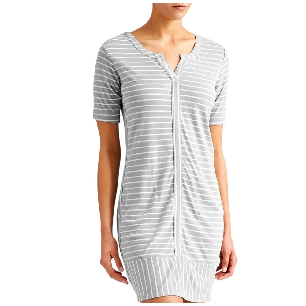 Athleta Striped Top Notch Tee Dress Large Gray White Modal Short Sleeve
